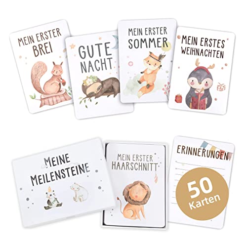 Marvelights Meilensteinkarten Baby, 50 Karten Inkl. Geschenkset für Junge und Mädchen, Boho Stil Meilenstein...